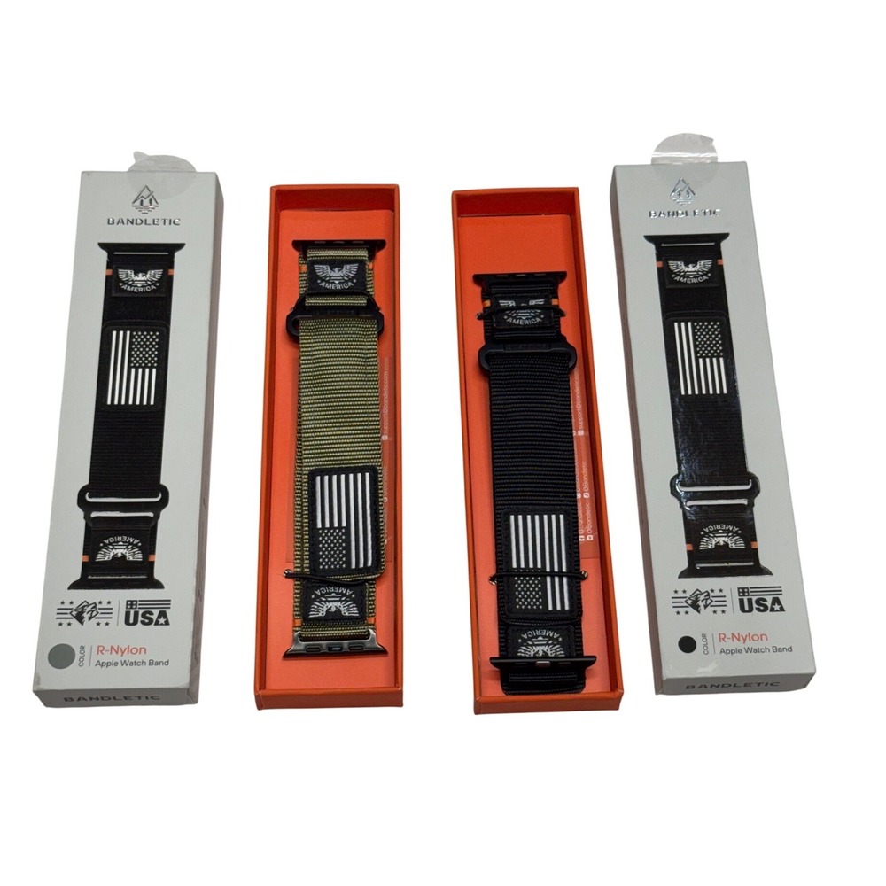 Bandletic R-Nylon Apple Watch Band Tactical USA Flag 49/45/44mm Black Olive 2pk